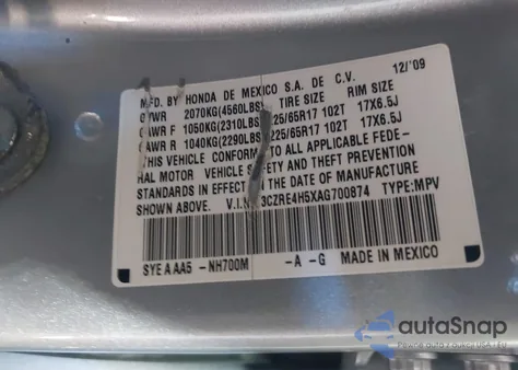 2010 Honda Cr-V Ex z USA, uszkodzony, nr VIN 3CZRE4H5XAG700874